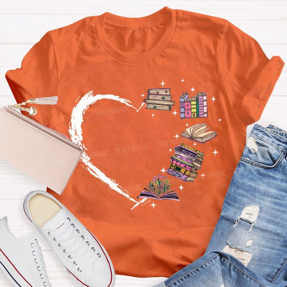 Various Books Formed The Shape Of A Heart Teacher T-shirt