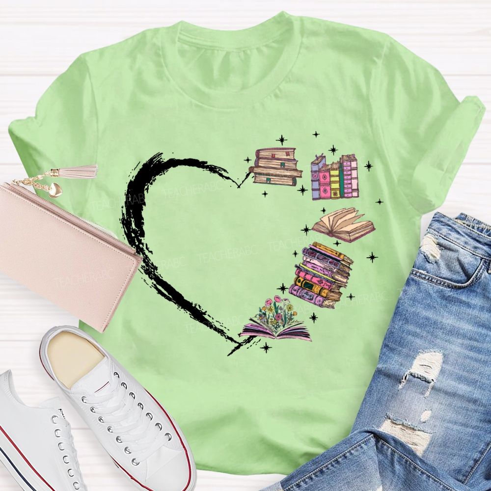 Various Books Formed The Shape Of A Heart Teacher T-shirt