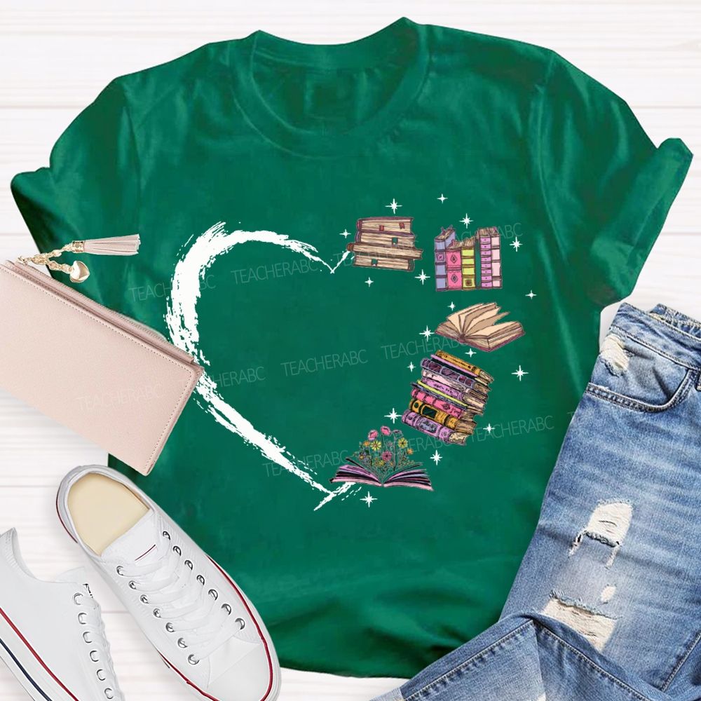 Various Books Formed The Shape Of A Heart Teacher T-shirt