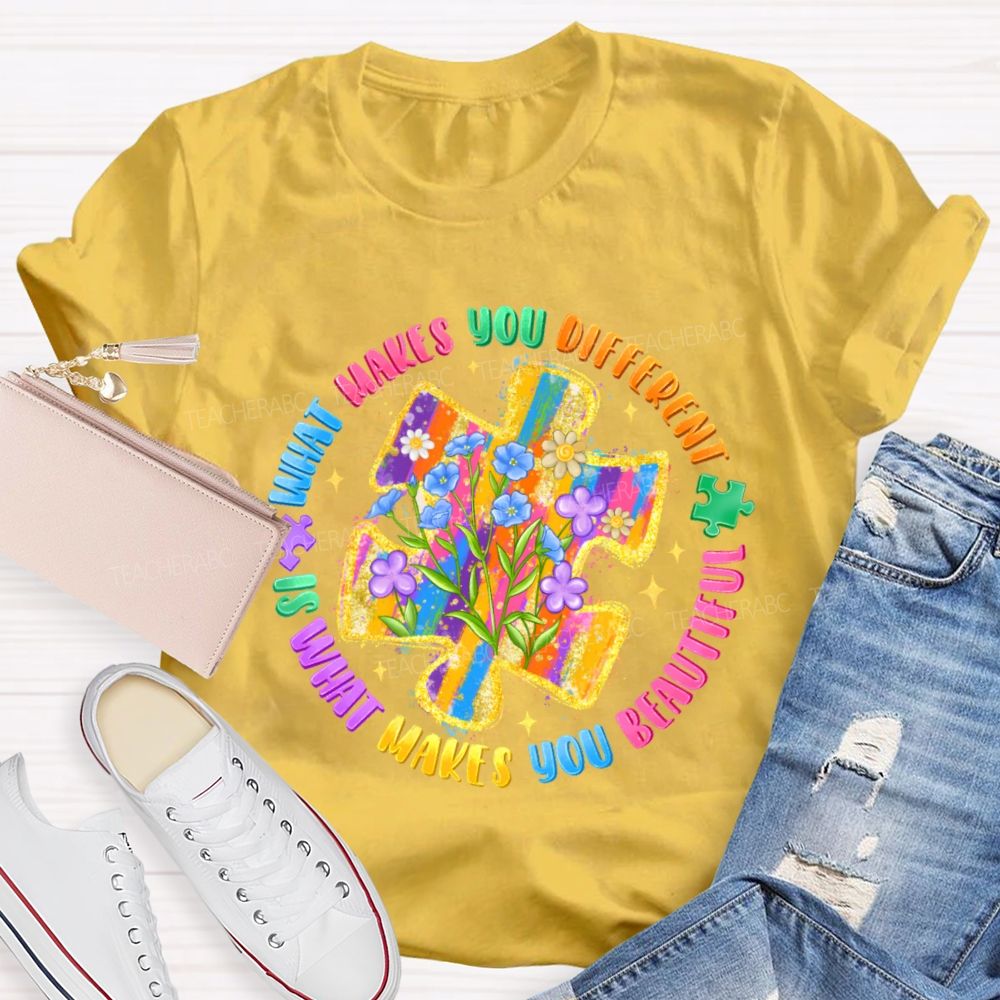 What Makes You Different Is What Makes You Beautiful Colorful Flowers Puzzle Teacher T-shirt