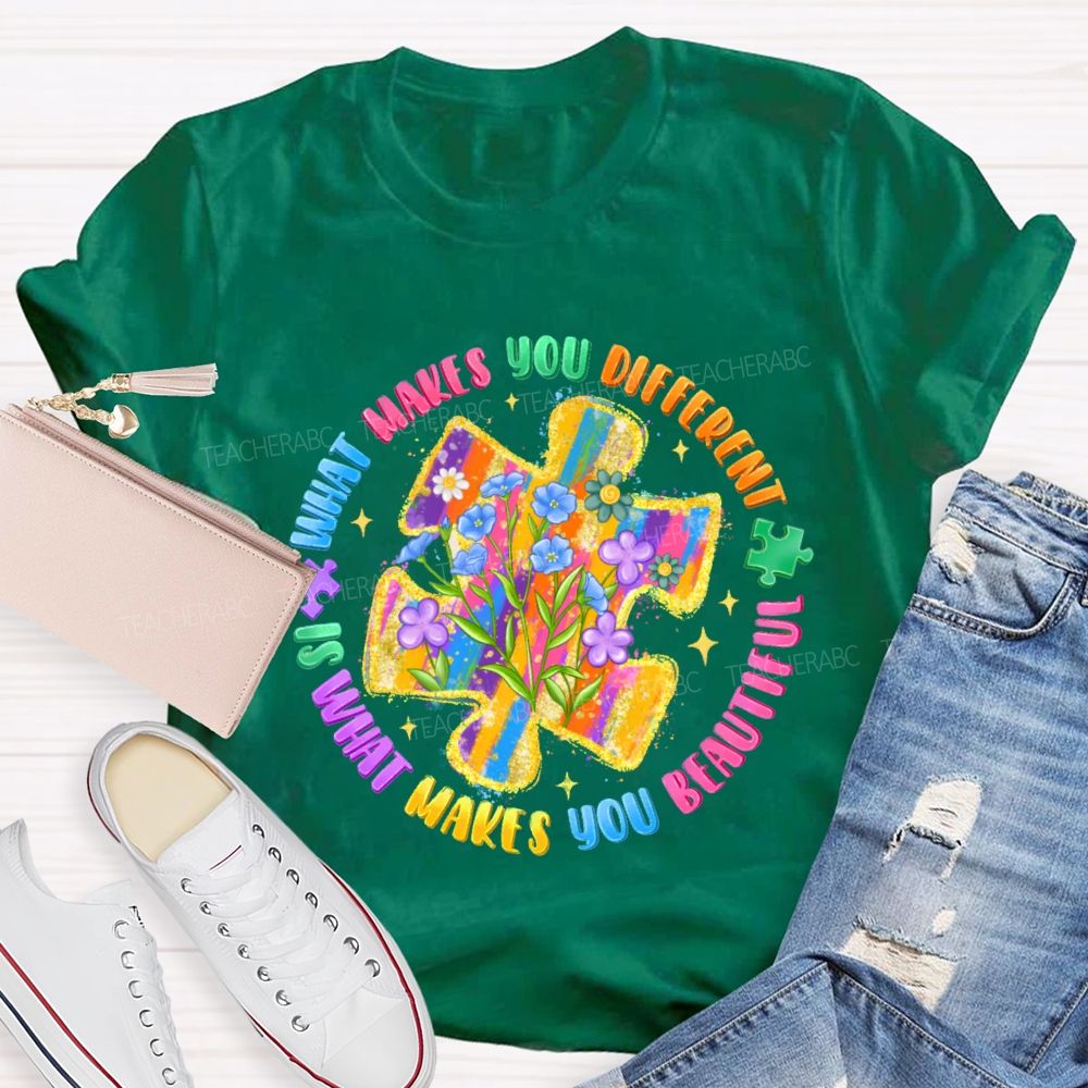 What Makes You Different Is What Makes You Beautiful Colorful Flowers Puzzle Teacher T-shirt