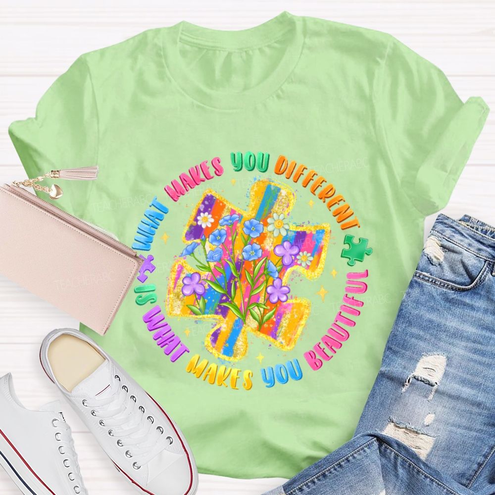 What Makes You Different Is What Makes You Beautiful Colorful Flowers Puzzle Teacher T-shirt