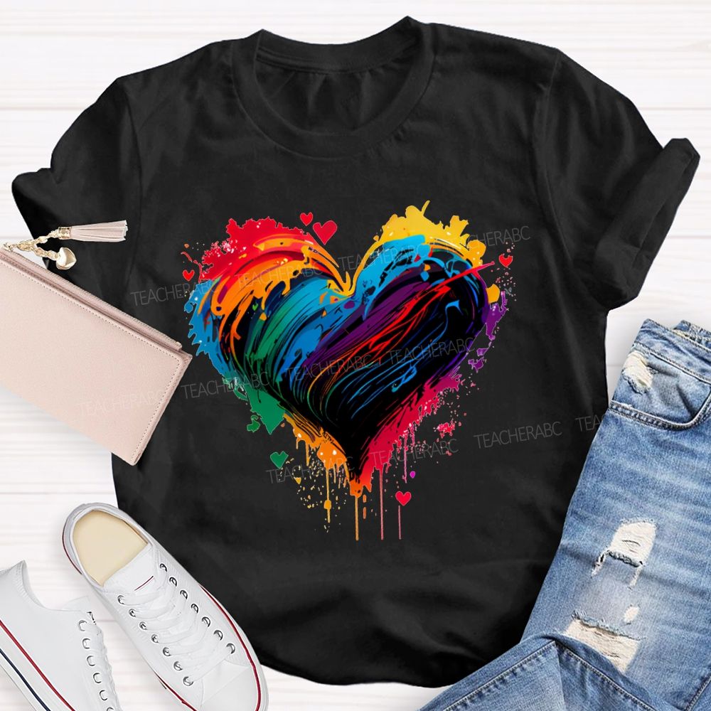 Colorful Tie-Dye Heart Print Art Teacher T-shirt