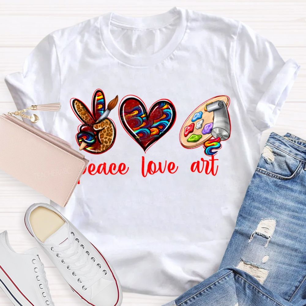 Peace Love Art Leopard Print Heart And Dyeing Palette Teacher T-shirt