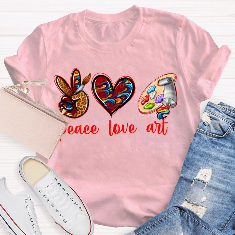 Peace Love Art Leopard Print Heart And Dyeing Palette Teacher T-shirt
