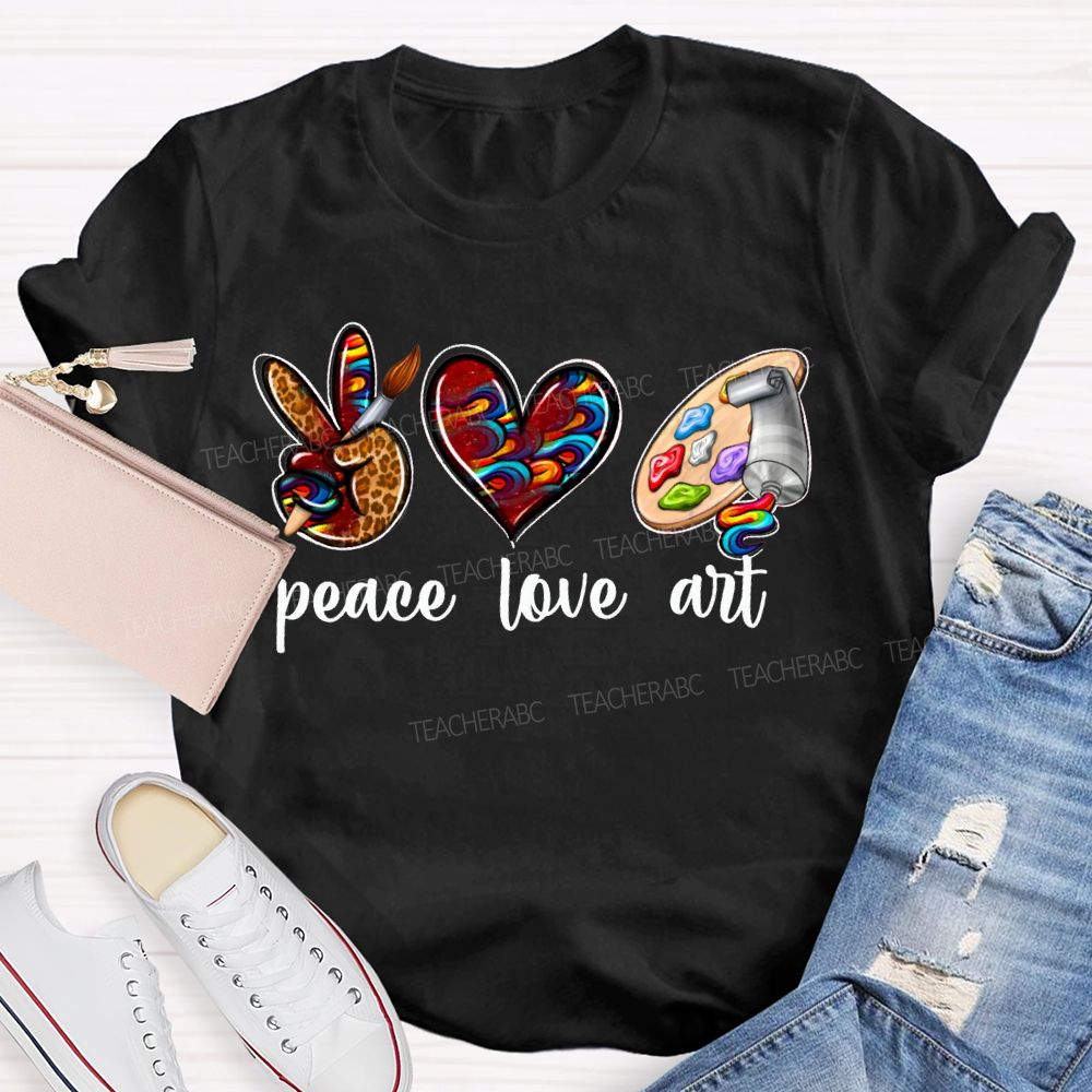 Peace Love Art Leopard Print Heart And Dyeing Palette Teacher T-shirt