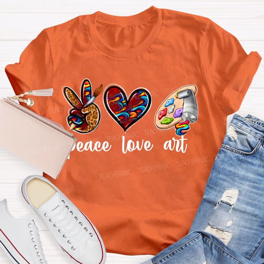 Peace Love Art Leopard Print Heart And Dyeing Palette Teacher T-shirt