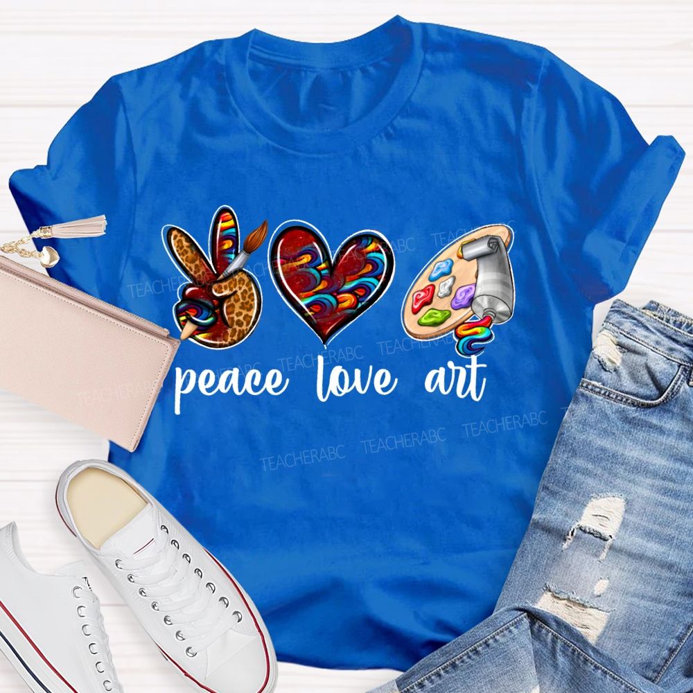 Peace Love Art Leopard Print Heart And Dyeing Palette Teacher T-shirt