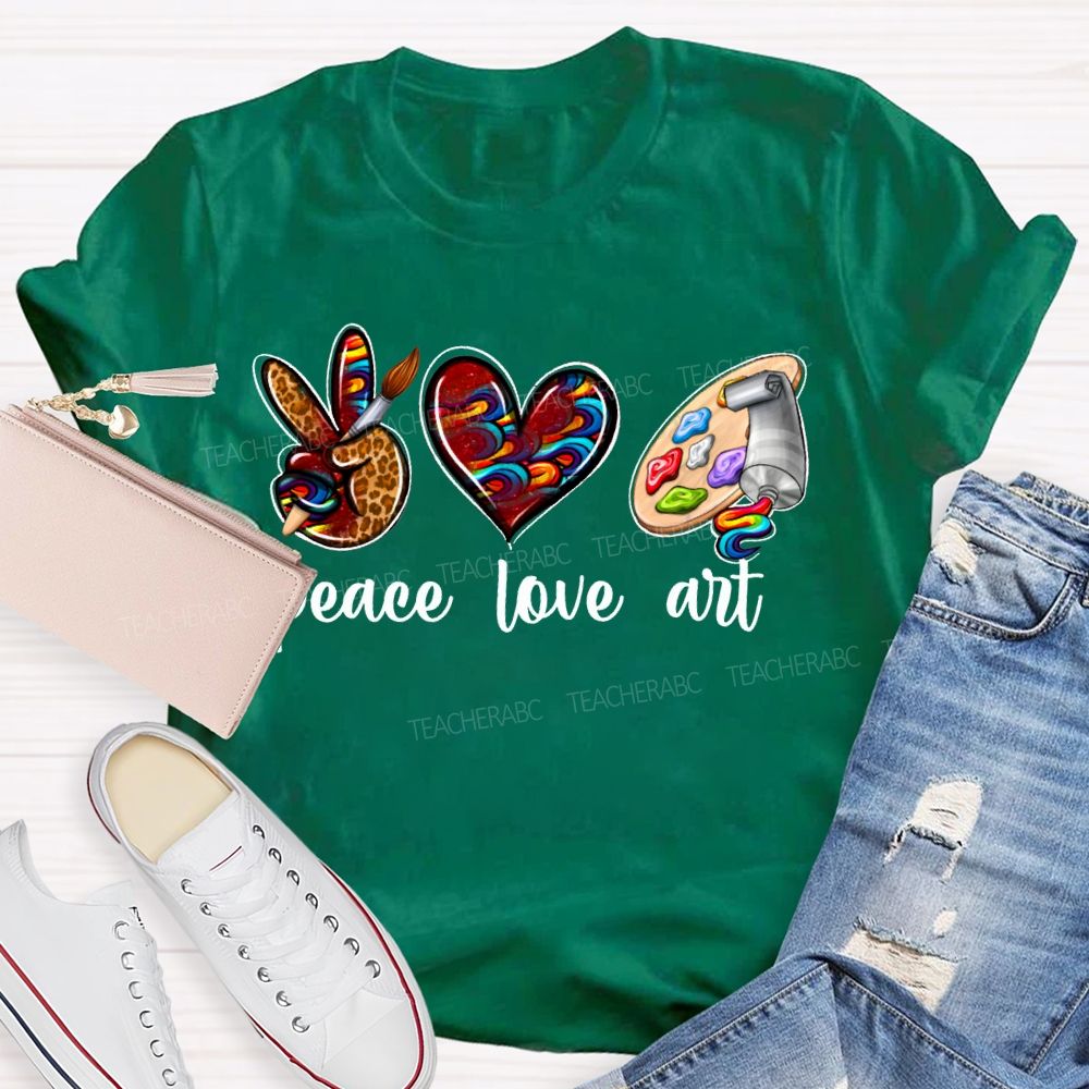 Peace Love Art Leopard Print Heart And Dyeing Palette Teacher T-shirt