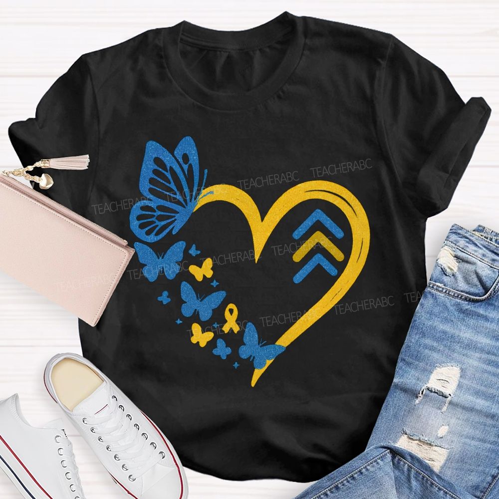 Down Syndrome Awareness Butterflies And Hearts Teacher T-shirt