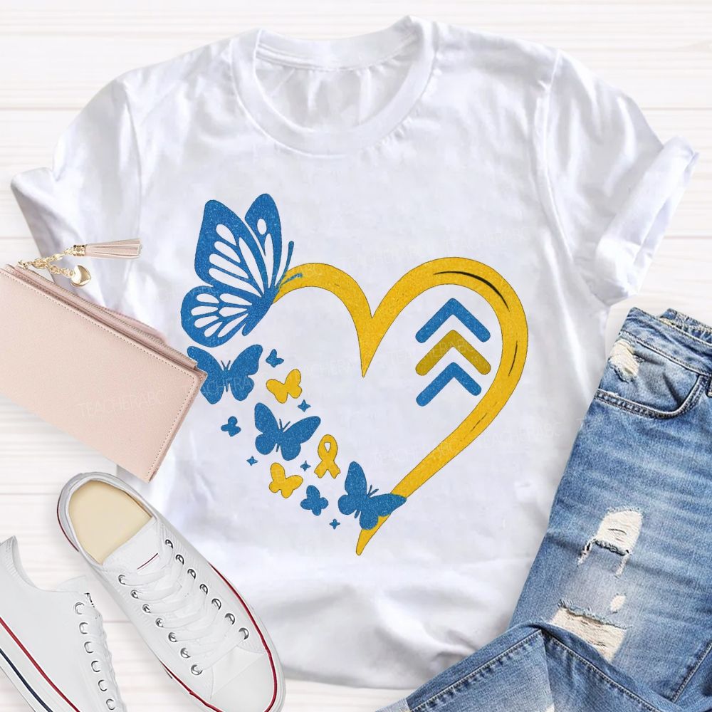 Down Syndrome Awareness Butterflies And Hearts Teacher T-shirt