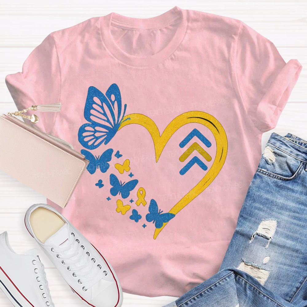 Down Syndrome Awareness Butterflies And Hearts Teacher T-shirt