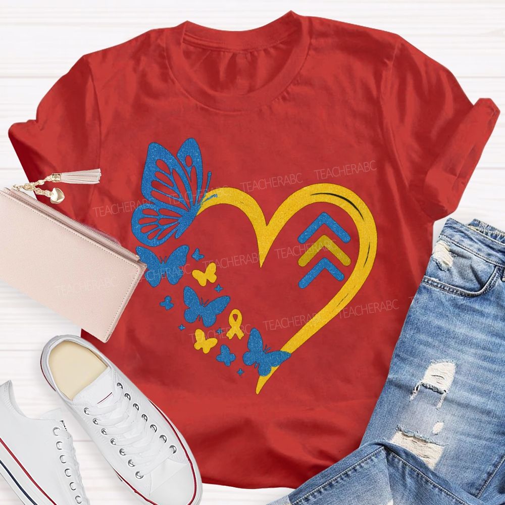 Down Syndrome Awareness Butterflies And Hearts Teacher T-shirt