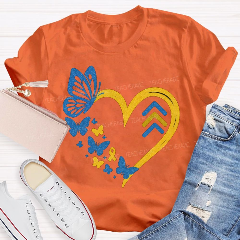 Down Syndrome Awareness Butterflies And Hearts Teacher T-shirt