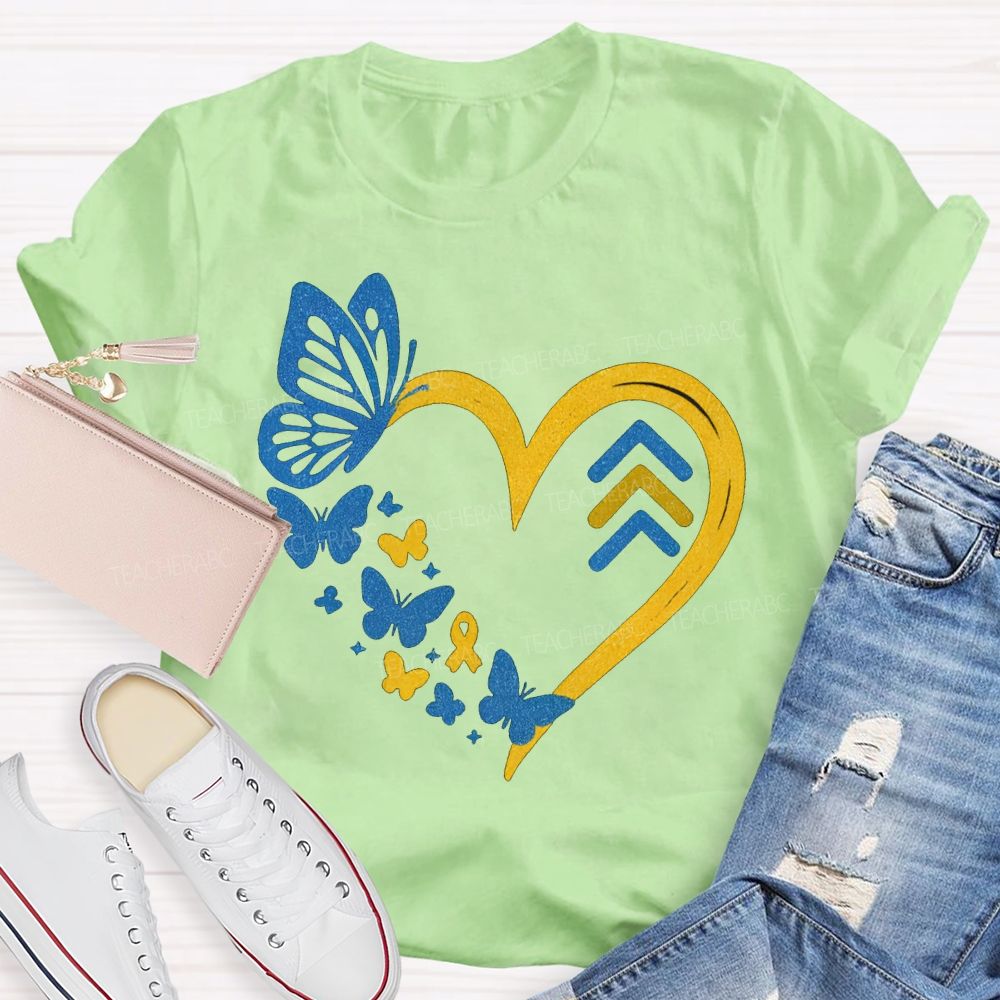 Down Syndrome Awareness Butterflies And Hearts Teacher T-shirt