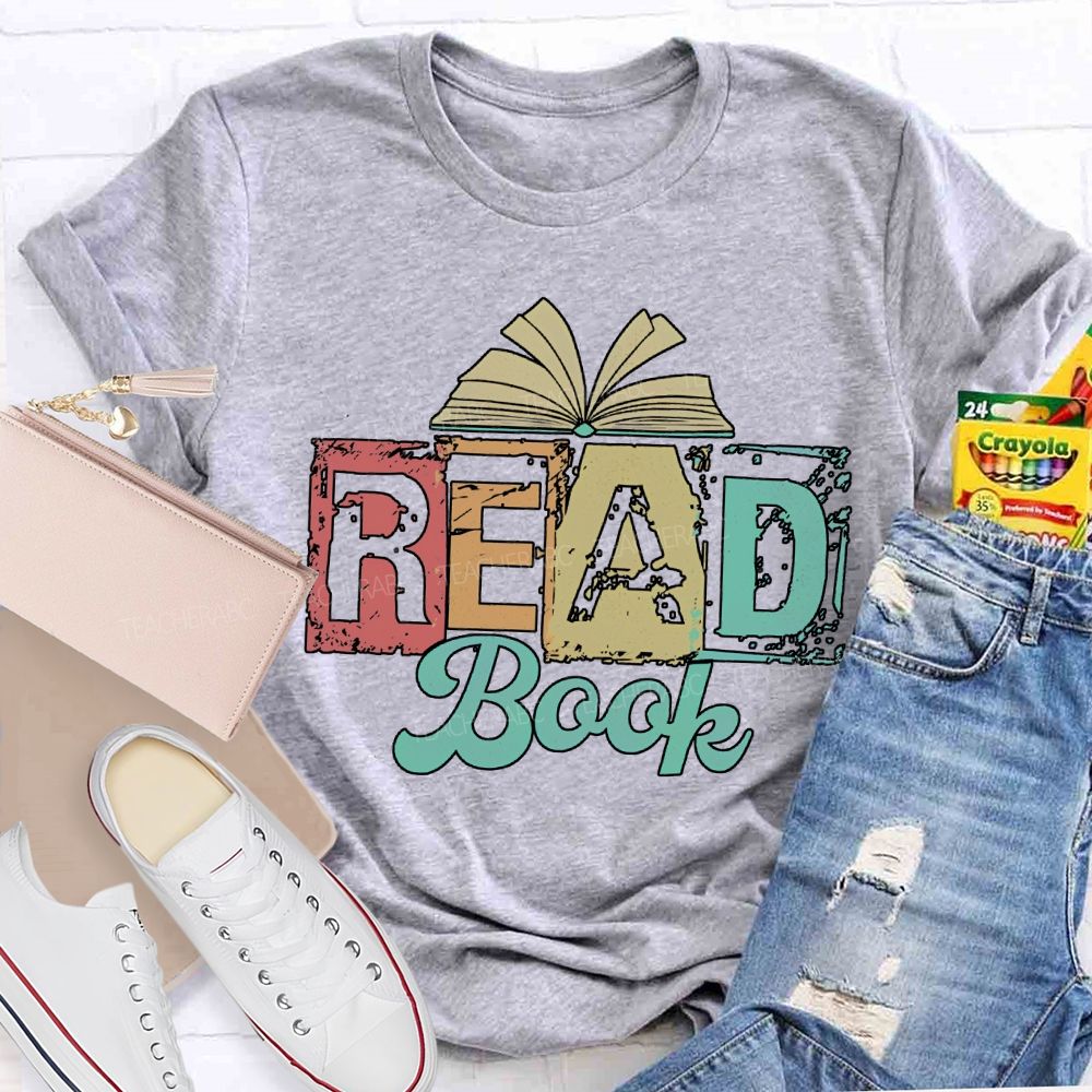 Read Book Colored Block Fonts Teacher T-shirt
