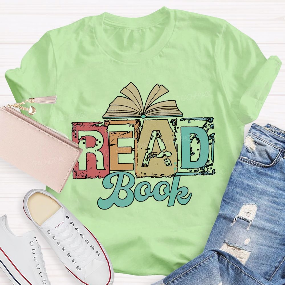 Read Book Colored Block Fonts Teacher T-shirt