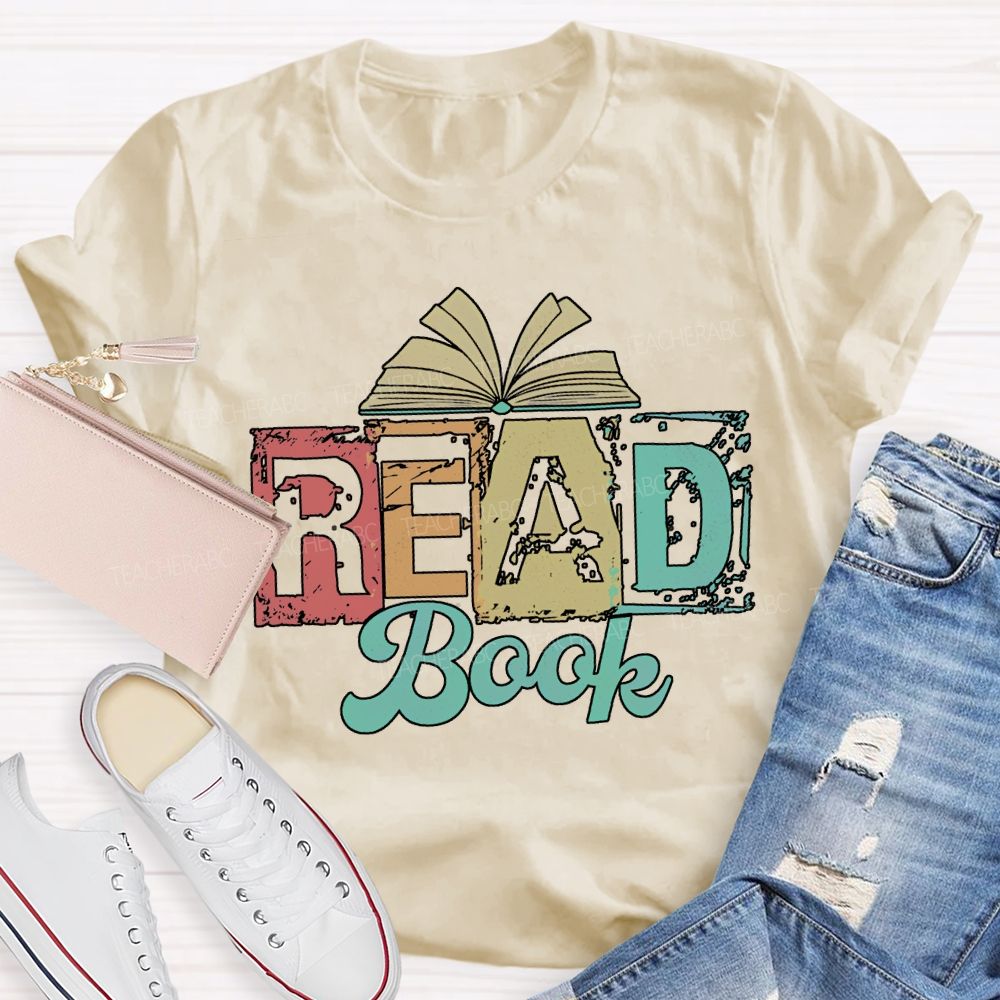 Read Book Colored Block Fonts Teacher T-shirt