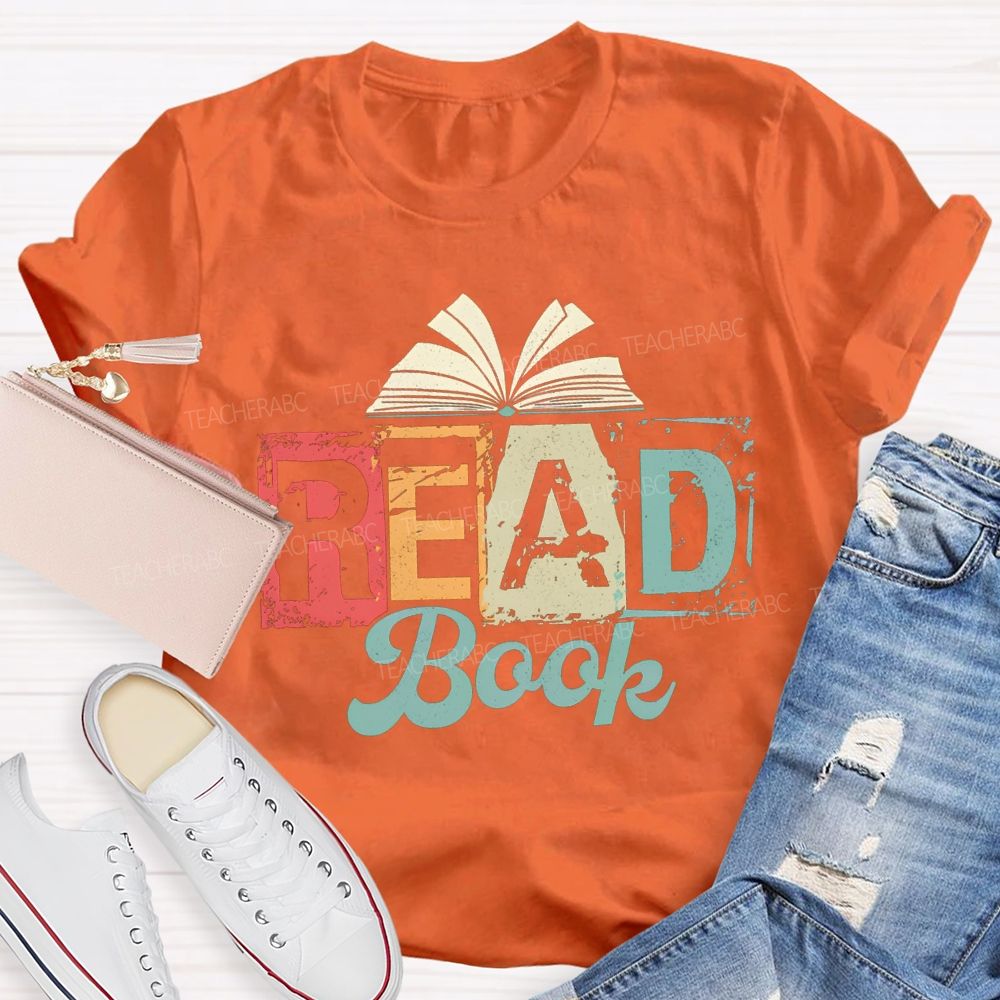 Read Book Colored Block Fonts Teacher T-shirt