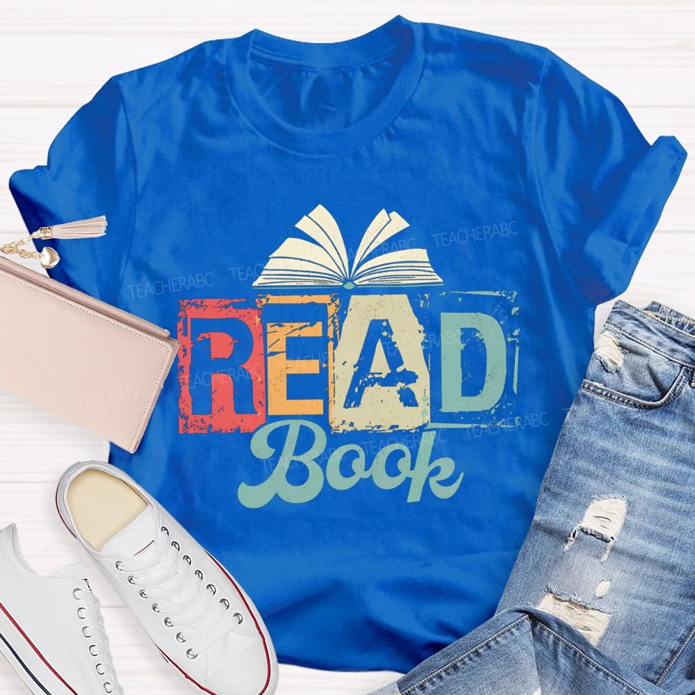Read Book Colored Block Fonts Teacher T-shirt