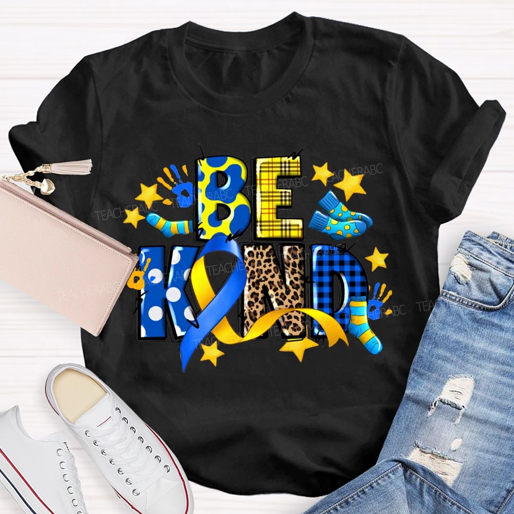Be Kind Stars And Polka Dot Leopard Print Font Teacher T-shirt
