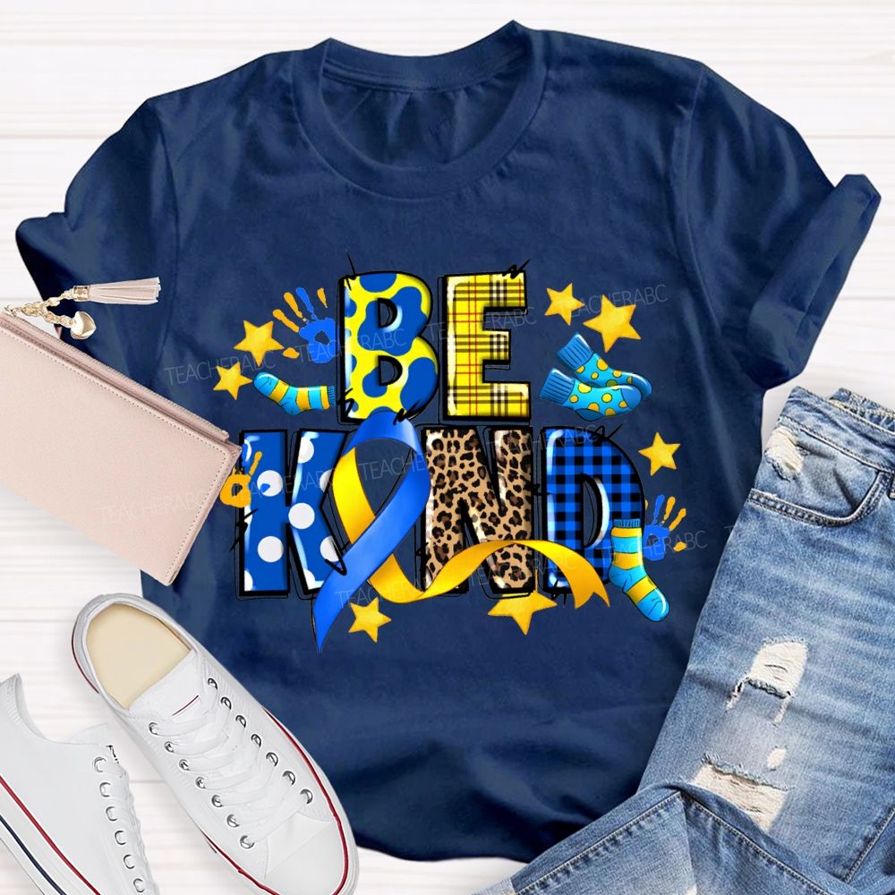 Be Kind Stars And Polka Dot Leopard Print Font Teacher T-shirt