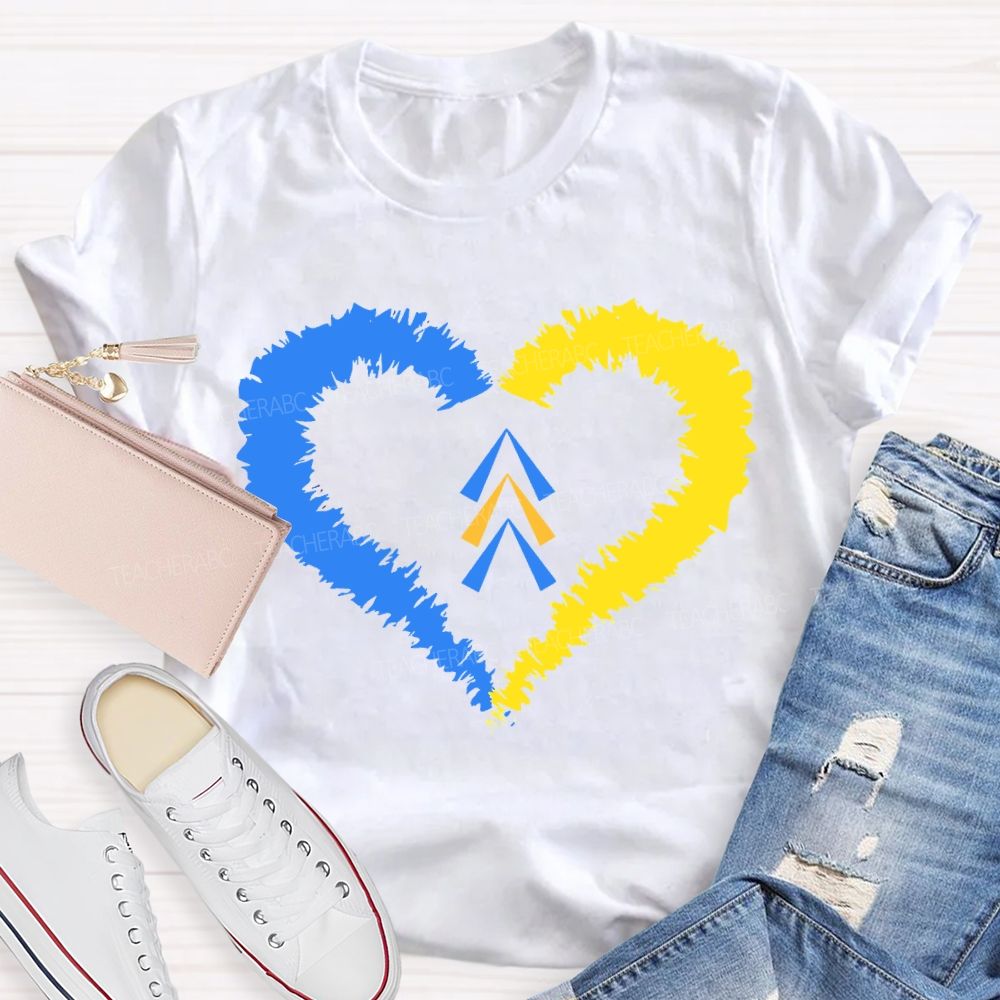 Down Syndrome Awareness Heart Print Teacher T-shirt