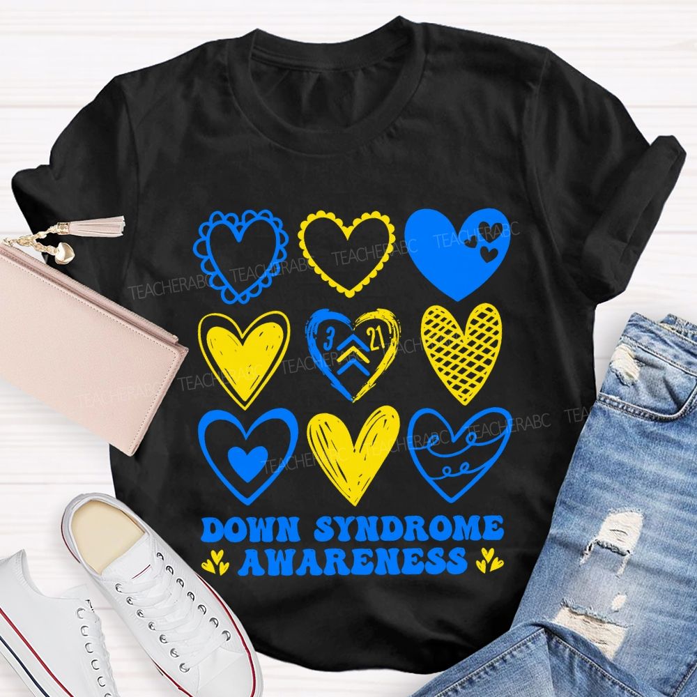 Down Syndrome Awareness Heart Print Teacher T-shirt