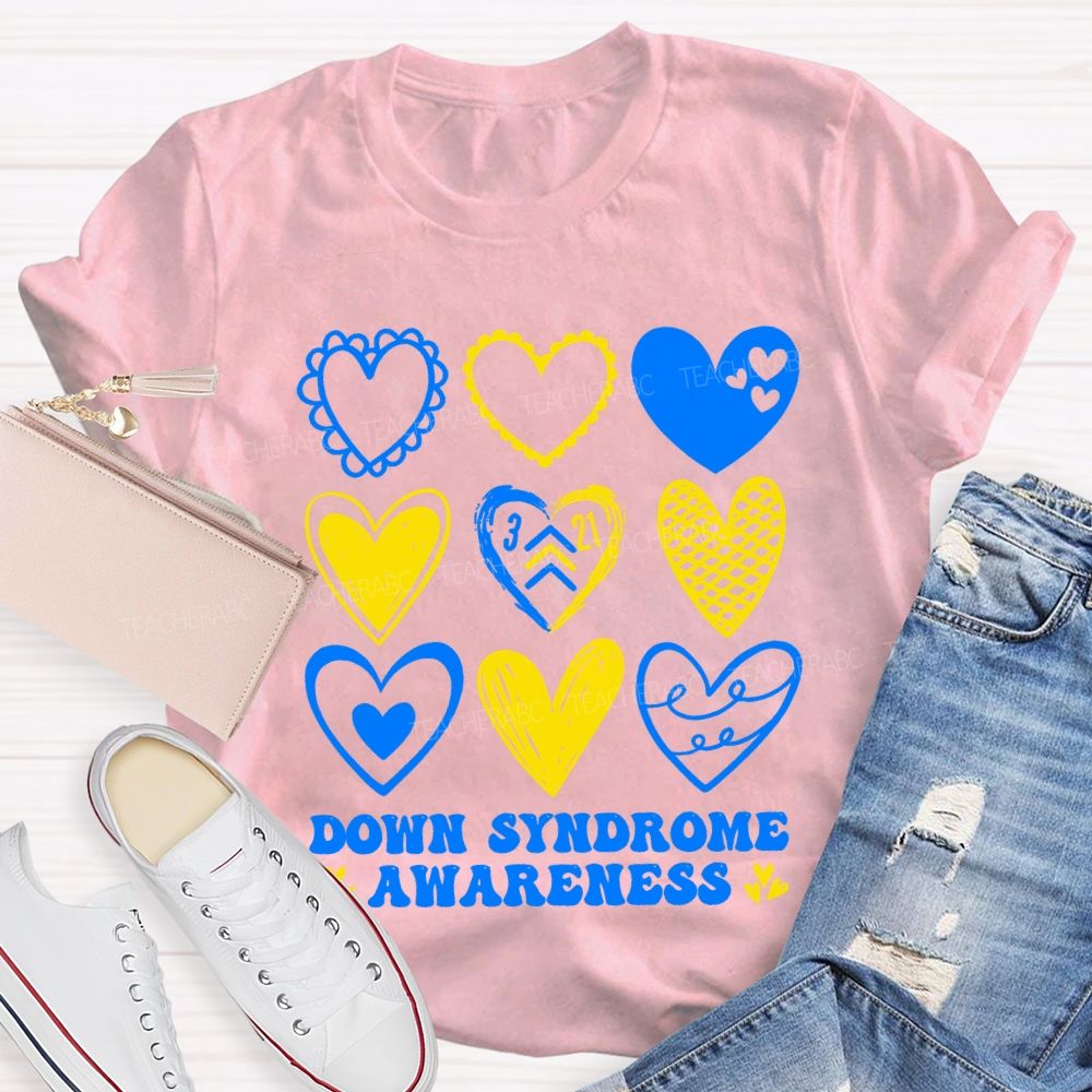 Down Syndrome Awareness Heart Print Teacher T-shirt