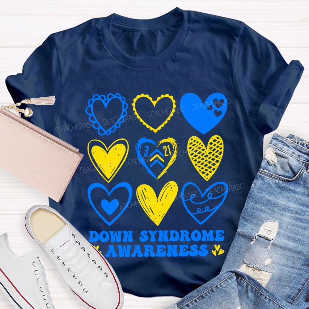 Down Syndrome Awareness Heart Print Teacher T-shirt