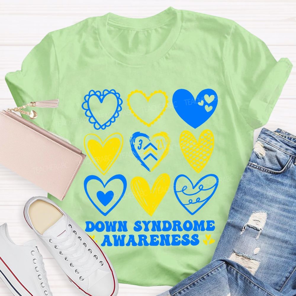Down Syndrome Awareness Heart Print Teacher T-shirt