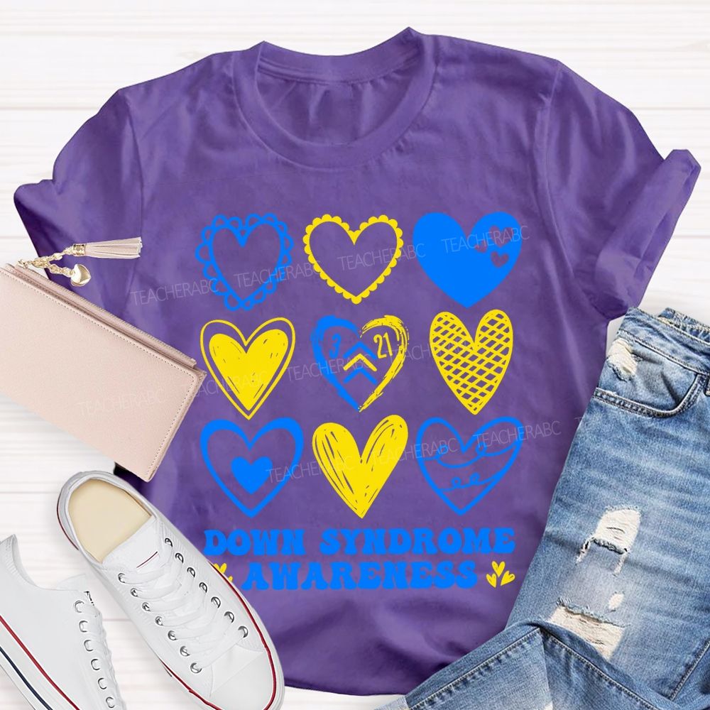 Down Syndrome Awareness Heart Print Teacher T-shirt