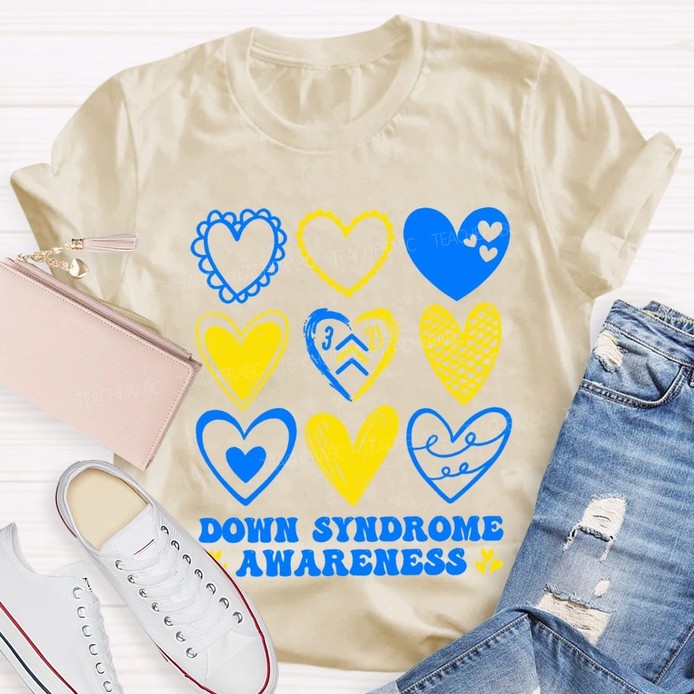 Down Syndrome Awareness Heart Print Teacher T-shirt