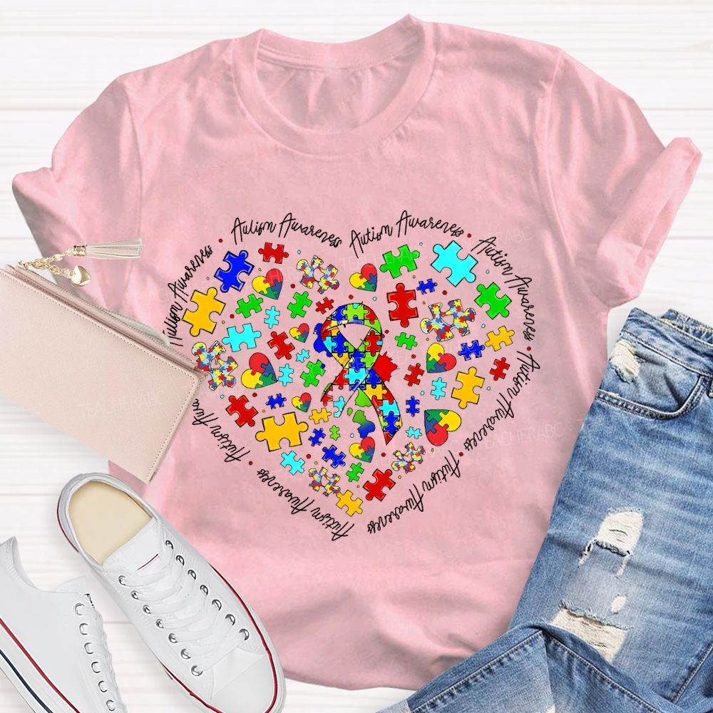 Autism Awareness Puzzle Piece Ribbon Heart Teacher T-shirt