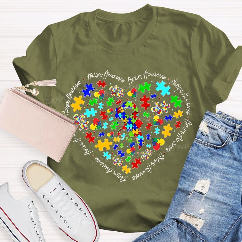 Autism Awareness Puzzle Piece Ribbon Heart Teacher T-shirt