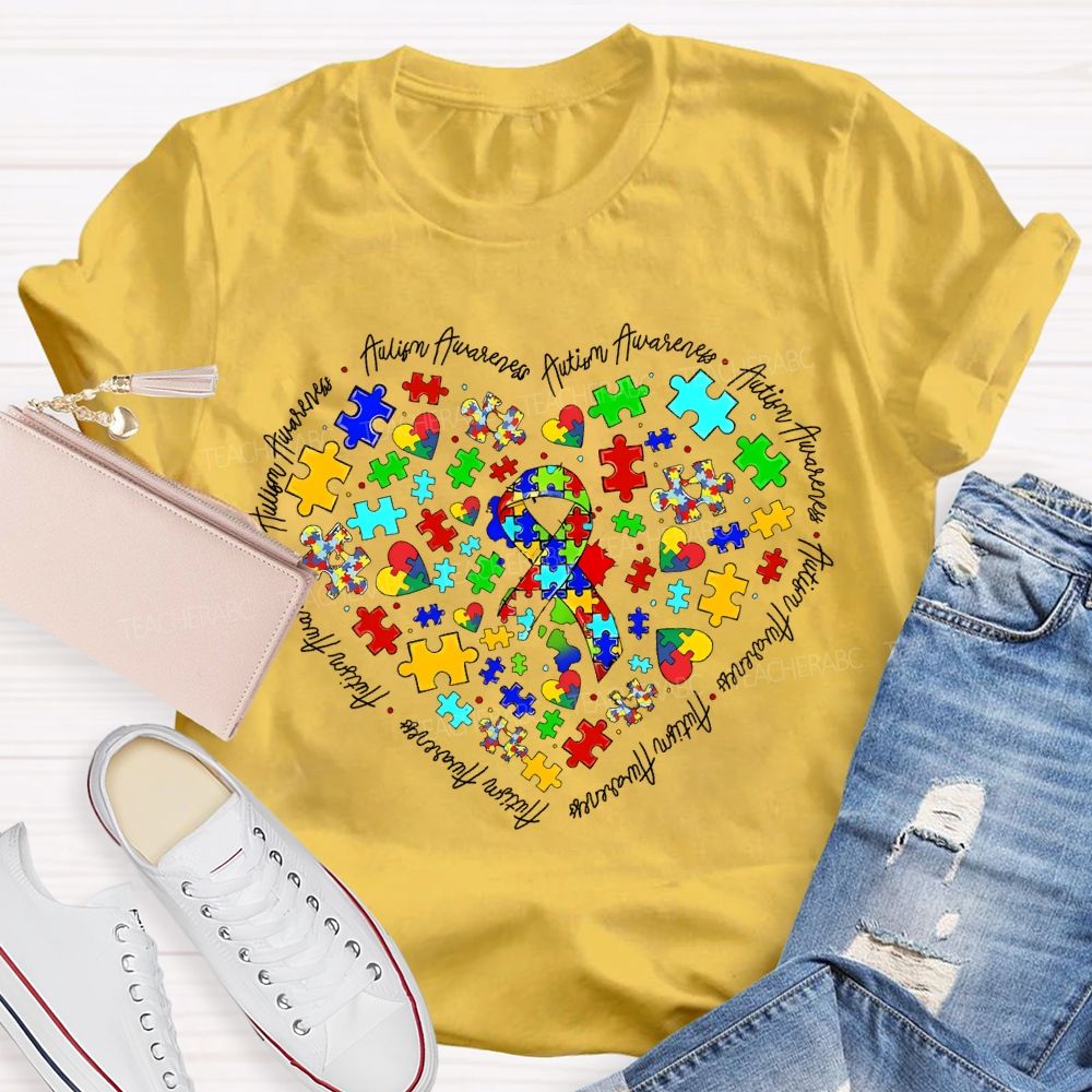 Autism Awareness Puzzle Piece Ribbon Heart Teacher T-shirt
