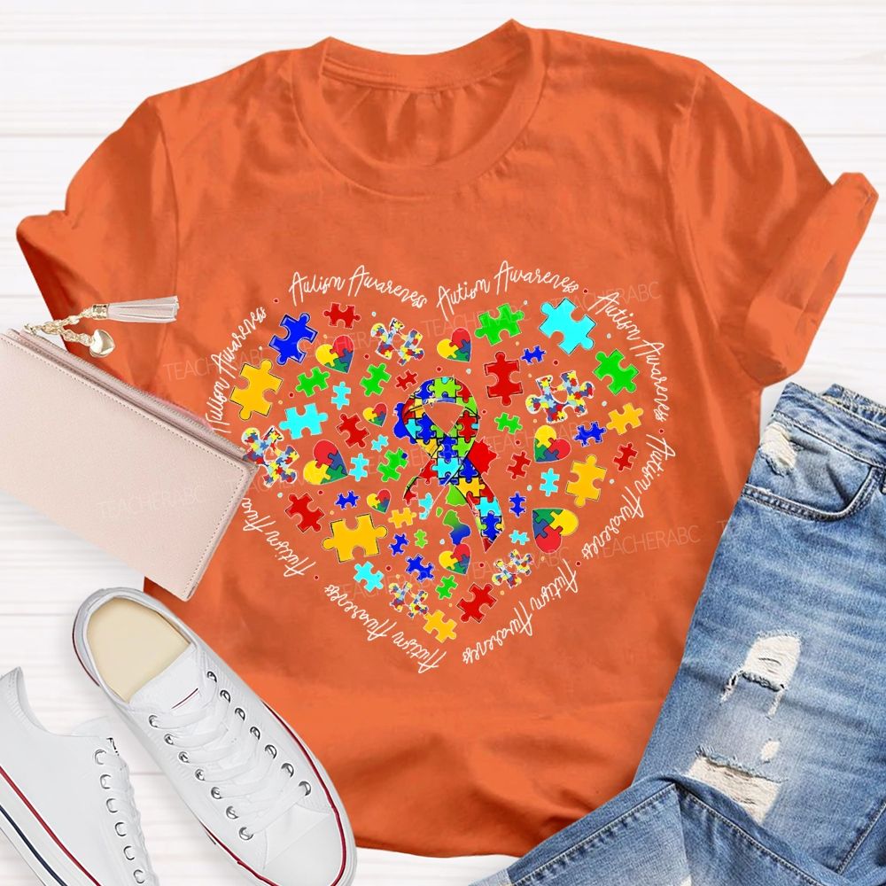 Autism Awareness Puzzle Piece Ribbon Heart Teacher T-shirt