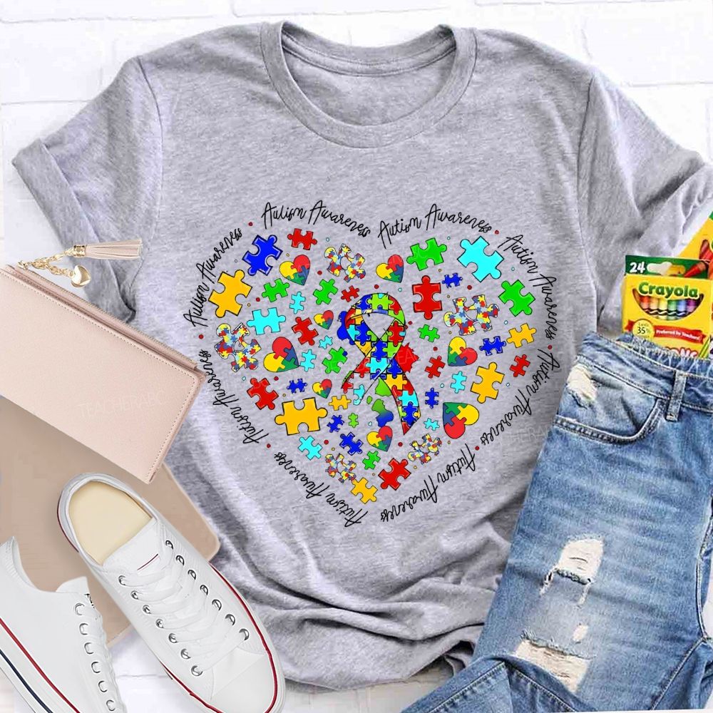Autism Awareness Puzzle Piece Ribbon Heart Teacher T-shirt