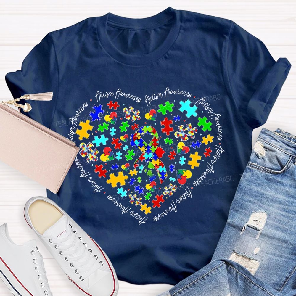 Autism Awareness Puzzle Piece Ribbon Heart Teacher T-shirt