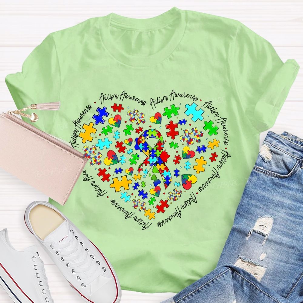 Autism Awareness Puzzle Piece Ribbon Heart Teacher T-shirt