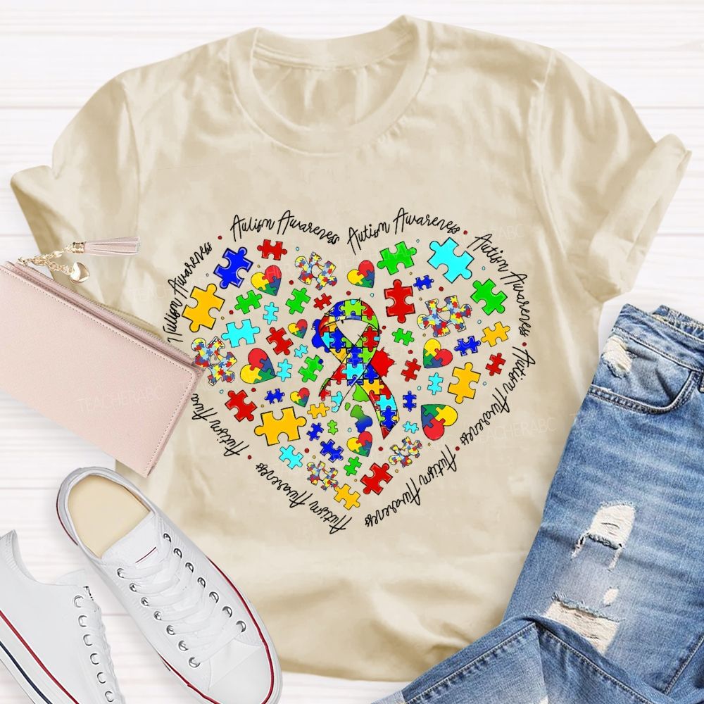Autism Awareness Puzzle Piece Ribbon Heart Teacher T-shirt