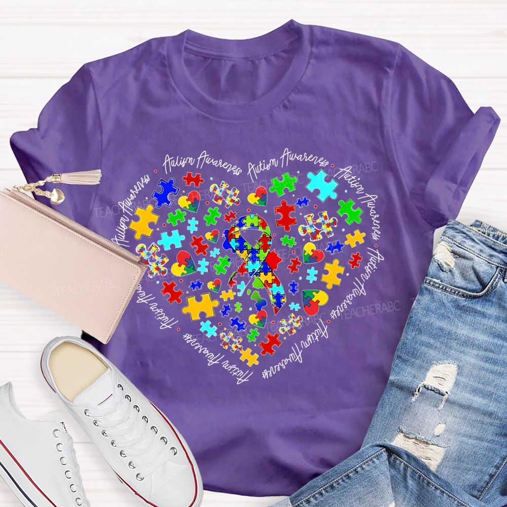 Autism Awareness Puzzle Piece Ribbon Heart Teacher T-shirt