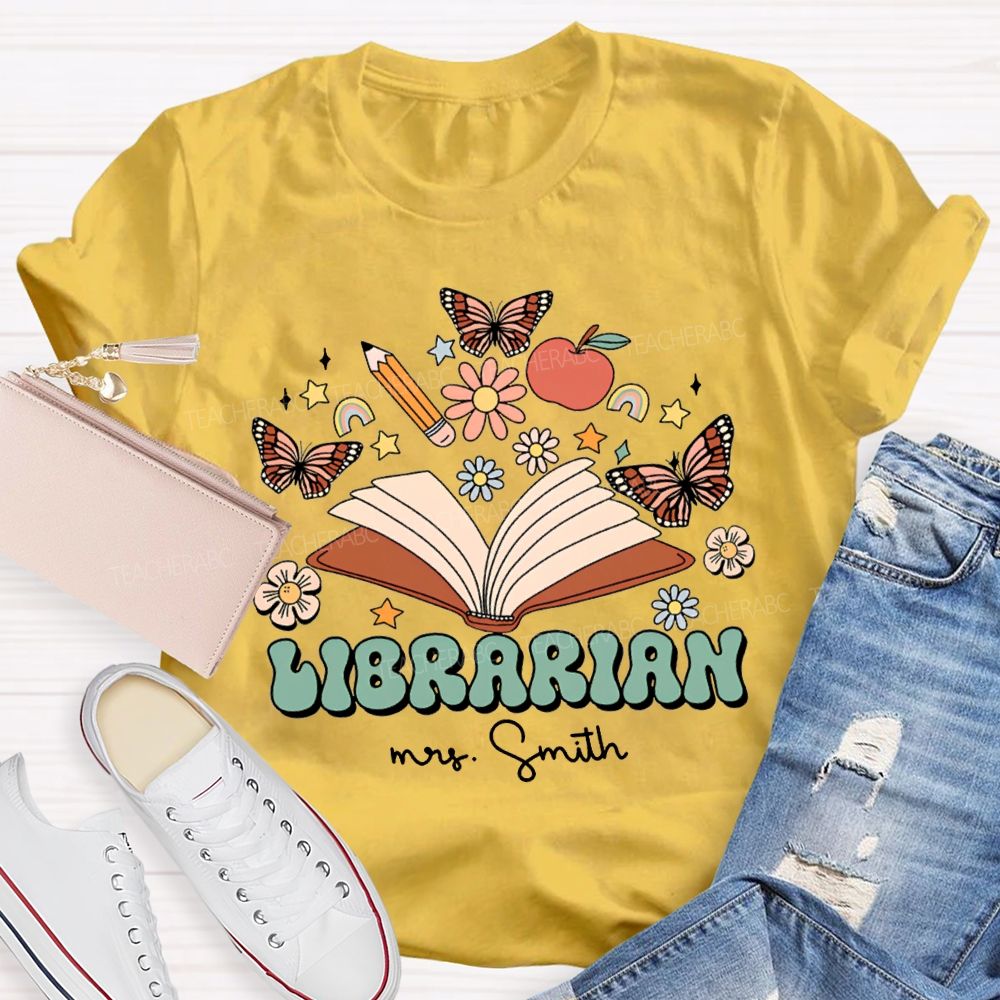 Personalized Name Librarian Butterflies And Flowers T-shirt
