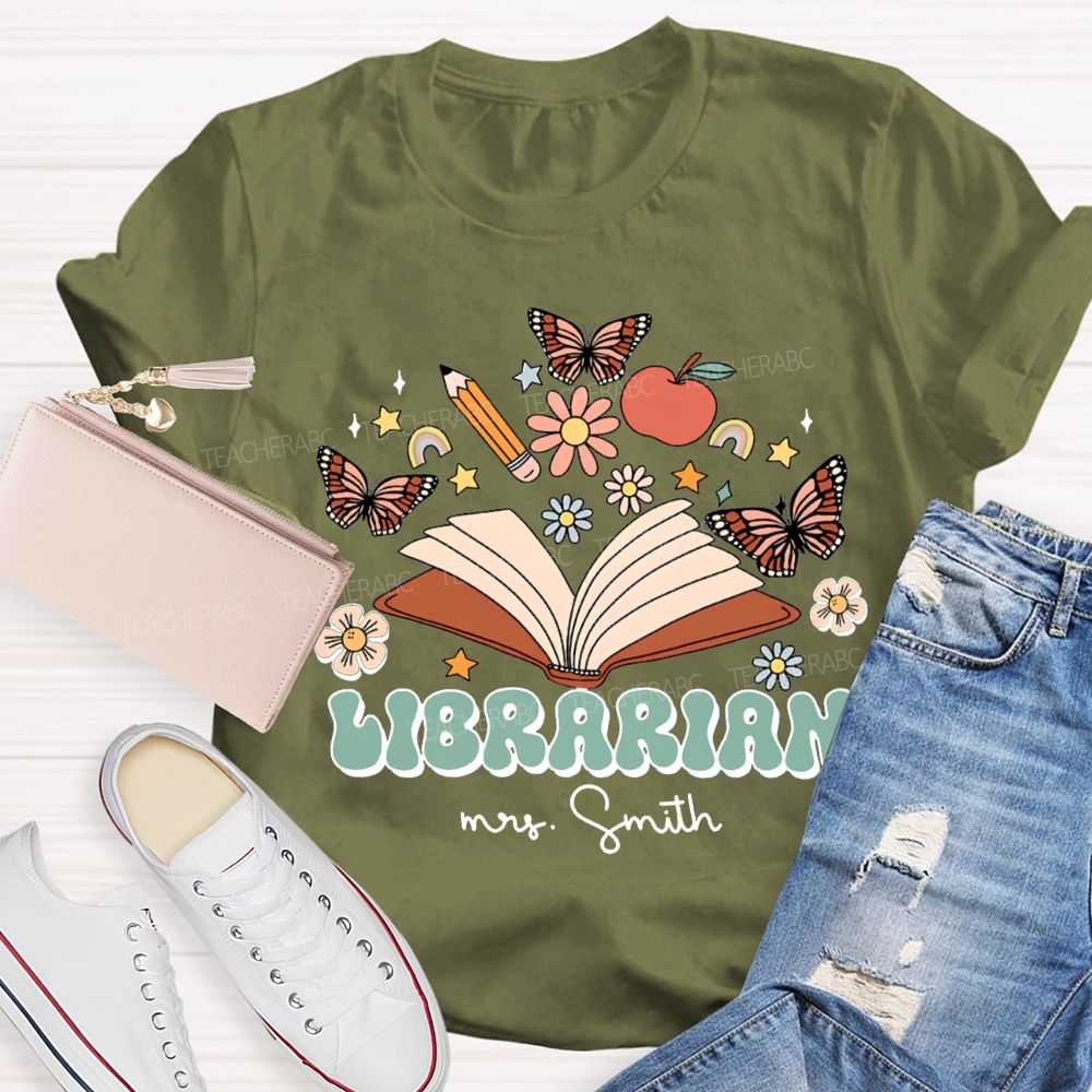 Personalized Name Librarian Butterflies And Flowers T-shirt