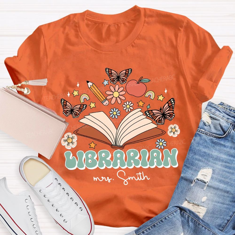 Personalized Name Librarian Butterflies And Flowers T-shirt