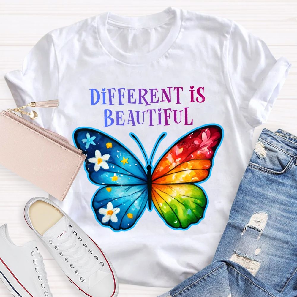 Different Is Beautiful Colorful Butterflies Teacher T-shirt