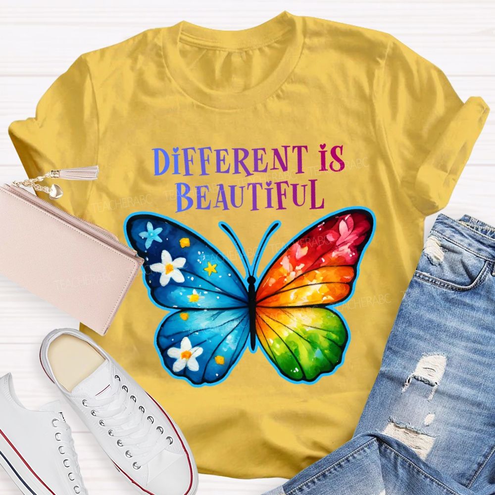 Different Is Beautiful Colorful Butterflies Teacher T-shirt