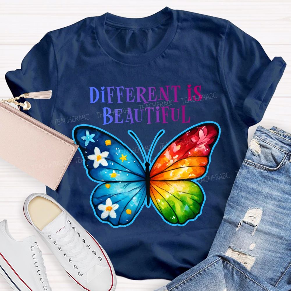 Different Is Beautiful Colorful Butterflies Teacher T-shirt