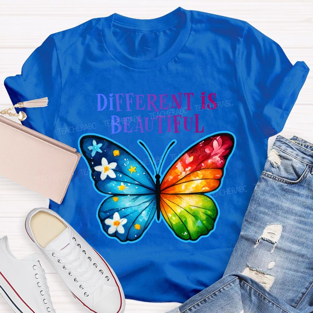 Different Is Beautiful Colorful Butterflies Teacher T-shirt