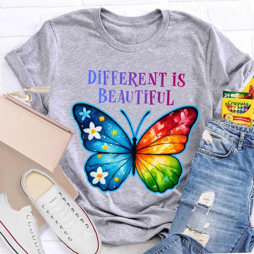 Different Is Beautiful Colorful Butterflies Teacher T-shirt